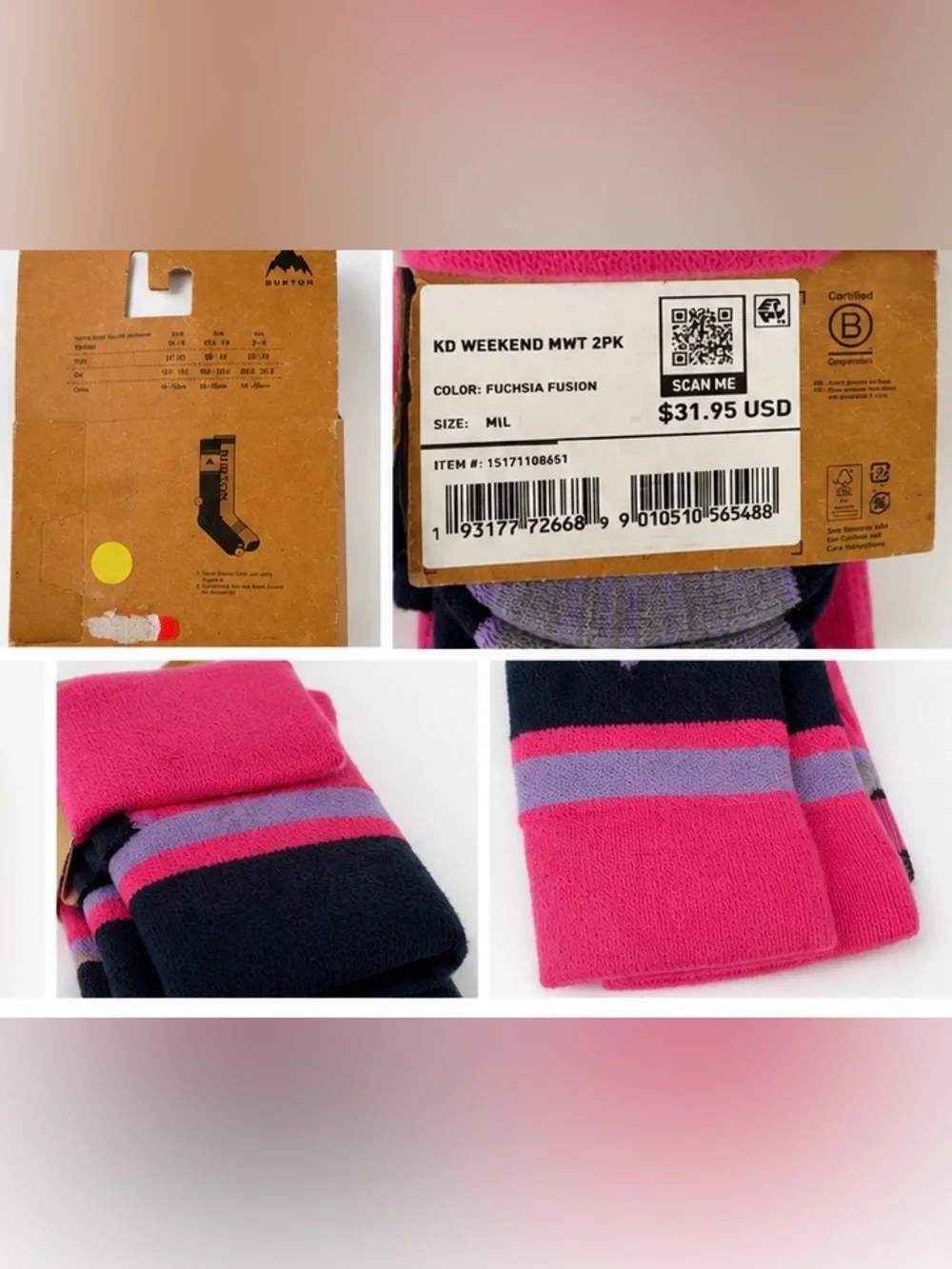 Burton Kids' Weekend Midweight 2-Pack Fushia Fusion Socks Size M/L (10-12)
